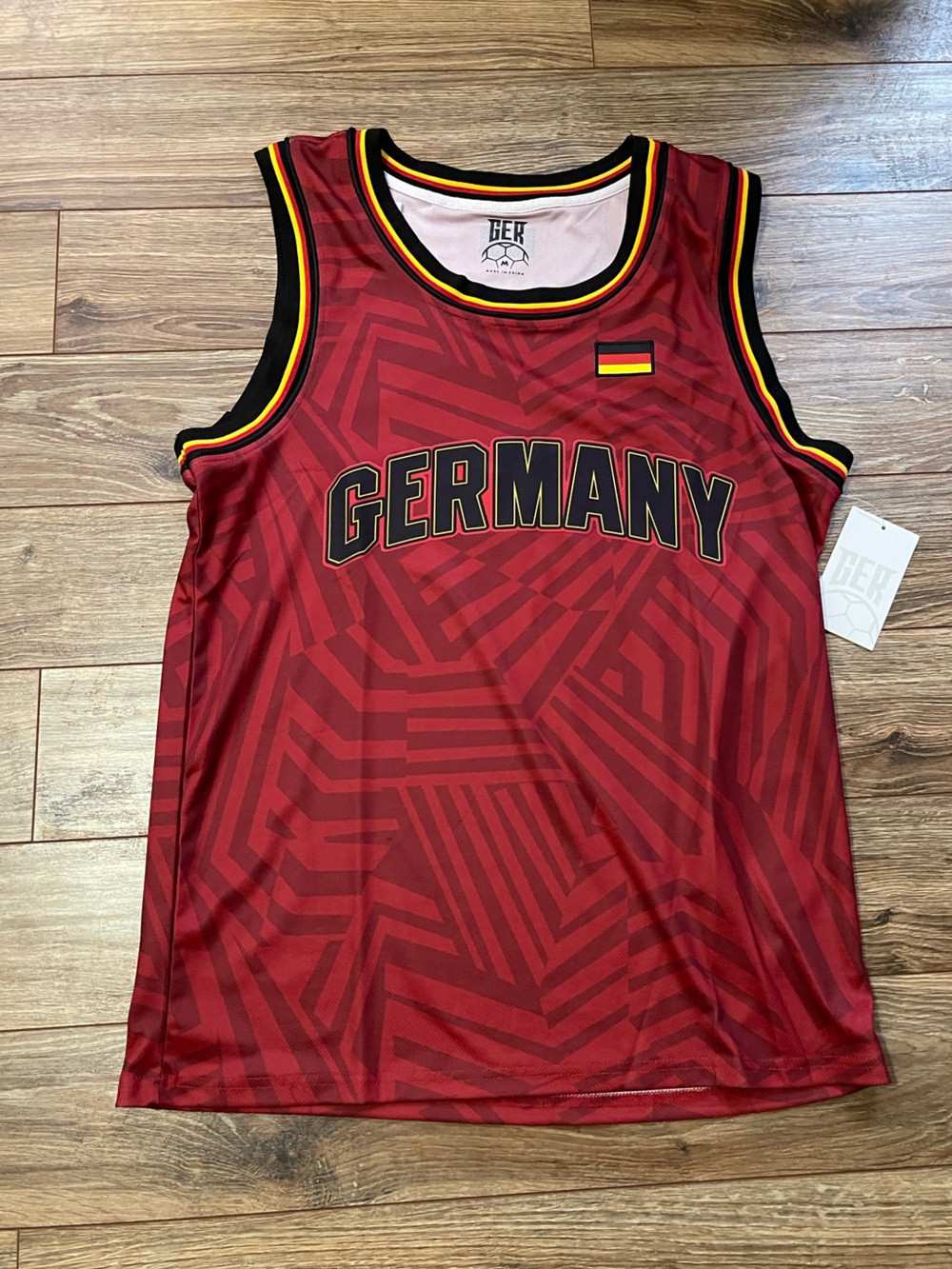 GER Germany Red Basketball Jersey with Black & Gold Trim